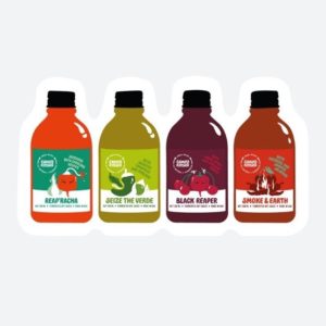 four cartoon hot sauce bottles Camp’s Kitchen sticker design